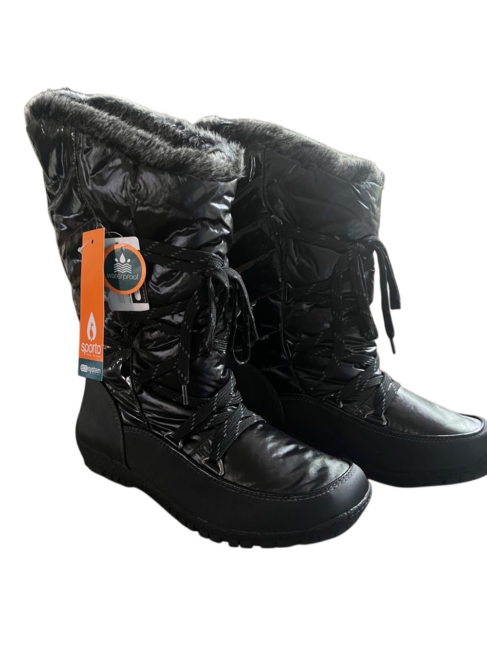Sporto Charles Black Quilted Waterproof Winter Boots/Faux Fur Lining Sz 9.5